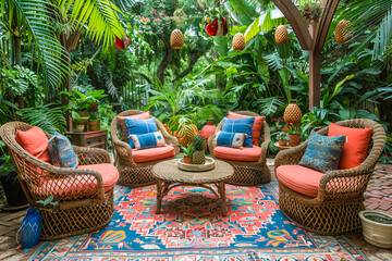 Cozy outdoor seating area surrounded by lush tropical plants and vibrant decor accessories