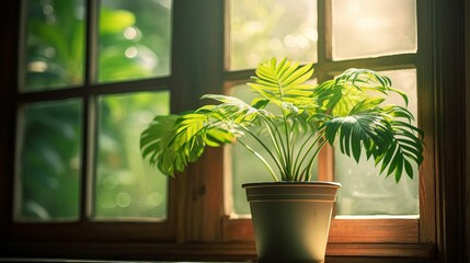 A lush indoor potted plant placed by a bright window, with soft morning light illuminating the green leaves, perfect for home decor and tranquility themes.