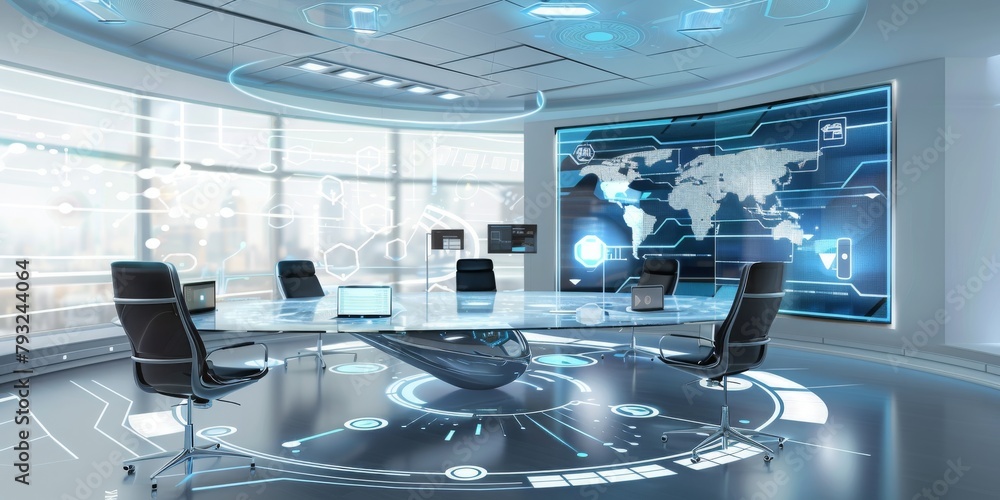 Poster Global Cyber Command Center: Futuristic Control Room with Advanced Digital Interfaces for Monitoring and Security Operations, Generative AI