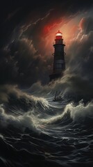 A dark, stormy seascape with a lighthouse beacon serving as a warning light for ships, guiding them safely through treacherous waters.