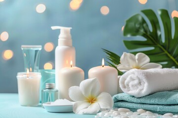 Obraz na płótnie Canvas Relaxing spa setting with candles, towels, and flowers. Perfect for wellness and beauty concepts