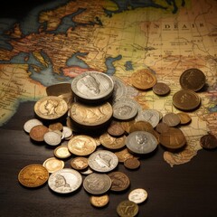 A collection of vintage coins from various countries spread out on an old map, illustrating a theme of travel and history.