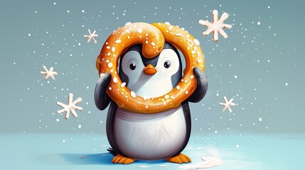 cute illustration of a penguin who hold a delicious fresh salty pretzel - obrazy, fototapety, plakaty