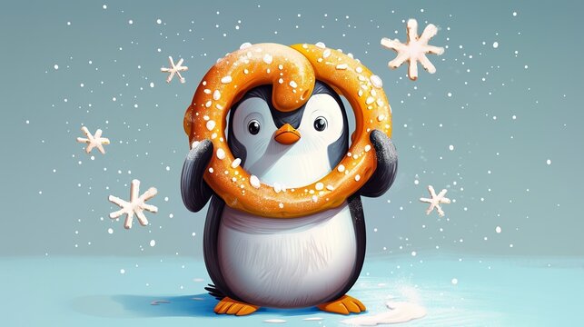 cute illustration of a penguin who hold a delicious fresh salty pretzel