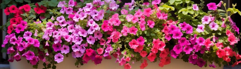 Fototapeta na wymiar Window box filled with blooming petunias and geraniums, brightening up an urban apartment with splashes of color and natural beauty
