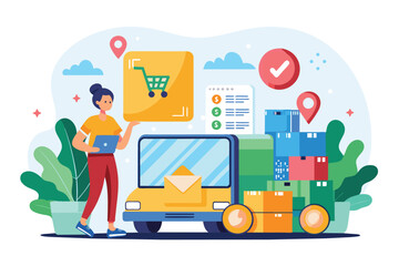 A person standing next to a bright yellow car, Online shopping delivery concept, Simple and minimalist flat Vector Illustration