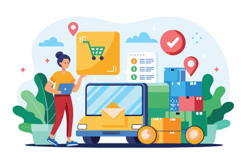 Fototapeta premium A person standing next to a bright yellow car, Online shopping delivery concept, Simple and minimalist flat Vector Illustration
