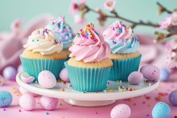 Three cupcakes with frosting and sprinkles on a plate. Ideal for bakery or dessert concept