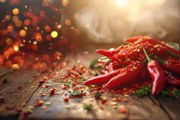 A pile of red chili peppers on a rustic wooden table. Perfect for food and spice related projects - obrazy, fototapety, plakaty