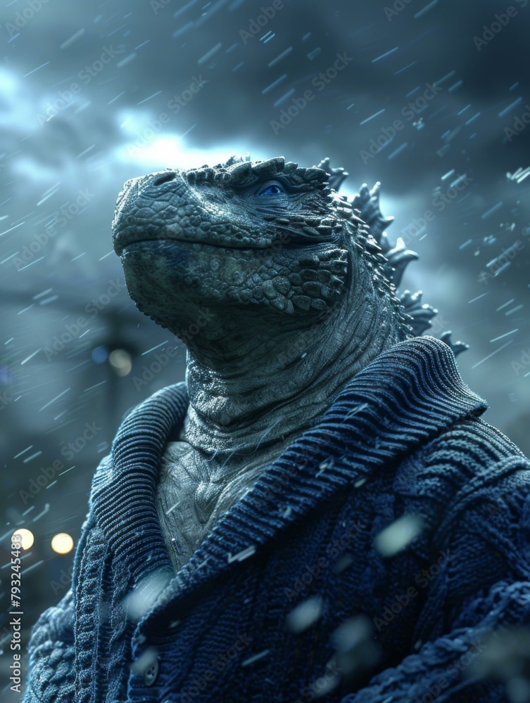 Poster a close-up of an iguana-looking creature in a sweater. generative ai.
