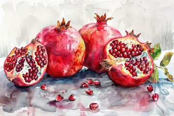 Still life painting of pomegranates on a table, suitable for food and kitchen-related designs