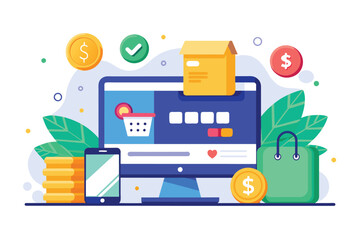 A computer displaying a shopping website, with a credit card beside it, and a shopping bag on the side, Online shopping payment method, Simple and minimalist flat Vector Illustration