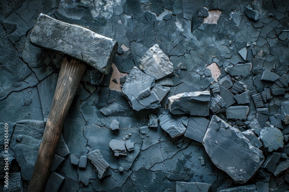 Poster A hammer resting on a stack of rocks. Suitable for construction concepts