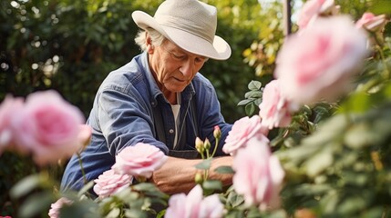 Elderly gardener pruning a blooming rose bush in a welltended backyard garden, showcasing the joy and dedication of cultivating flowers