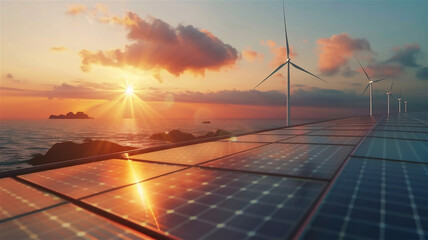 Sunset Over Coastal Wind Turbines and Solar Panels. Green energy concept