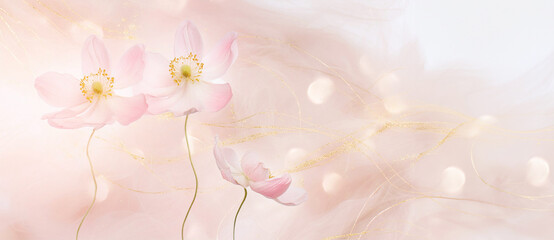 Tapeta, wzór w kwiaty, różowy zawilec, puste miejsce na tekst, kartka na życzenia	