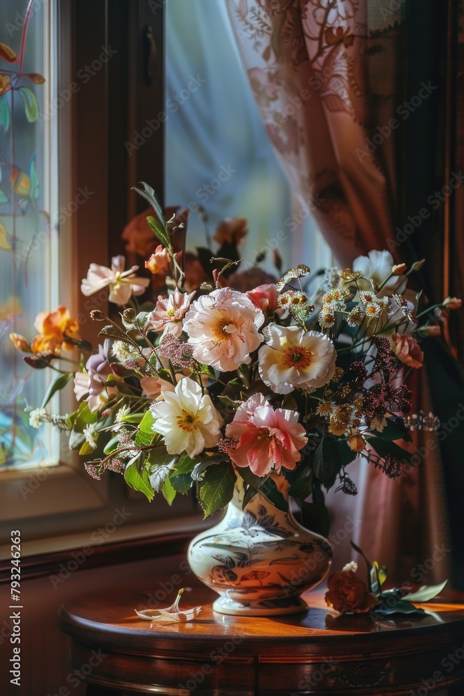 Poster A simple composition of flowers in a vase by a window. Suitable for home decor concepts