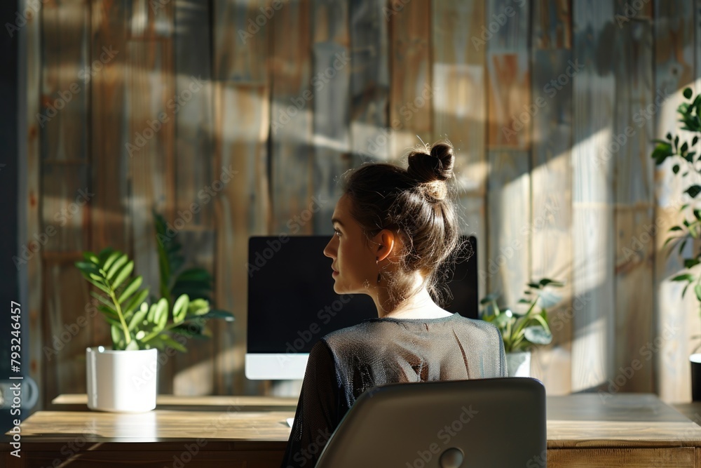 Aufkleber a woman sitting at a desk in front of a computer. suitable for office or remote work concepts