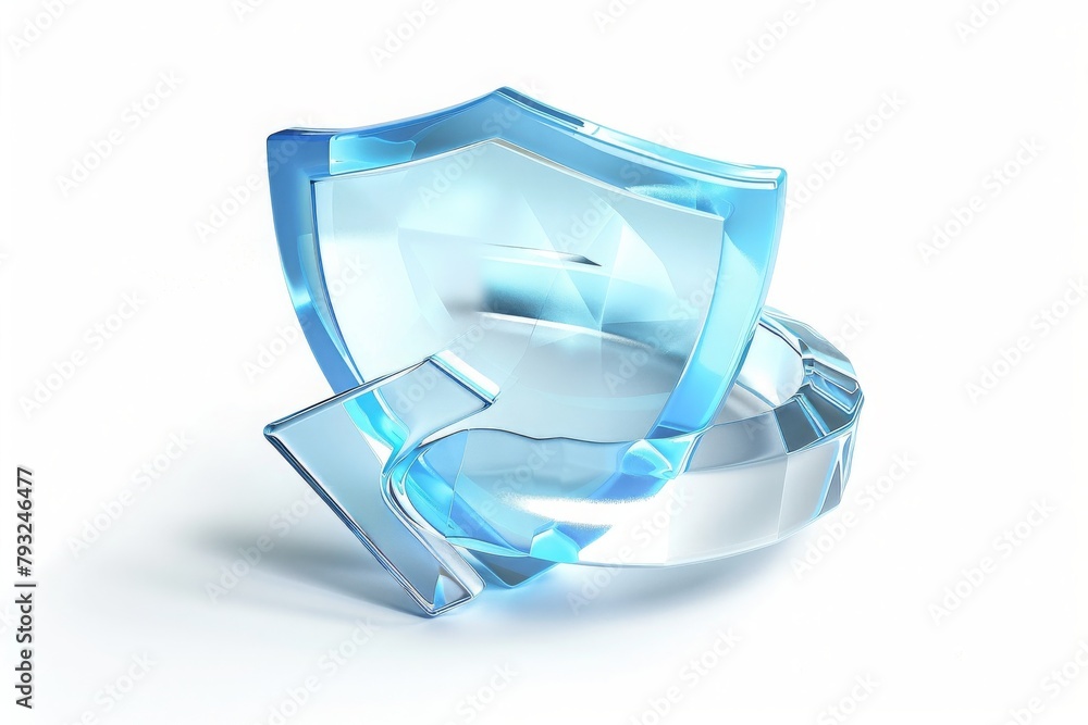 Poster the concept of security: a blue glossy shield surrounded by guarding elements, symbolizing protectio