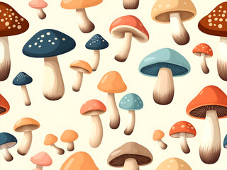 Mushrooms in different shapes and colors on cream background