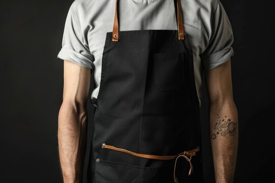 A man wearing a black apron with a leather strap, suitable for restaurant or kitchen scenes