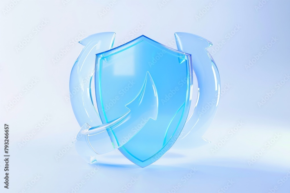 Poster the concept of security: a blue glossy shield surrounded by guarding elements, symbolizing protectio