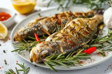 Freshly cooked fish with herbs on a white plate, perfect for seafood dishes