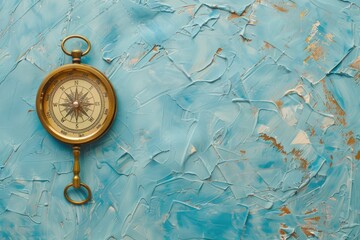 A gold compass hanging on a blue painted wall. Suitable for navigation or travel concepts