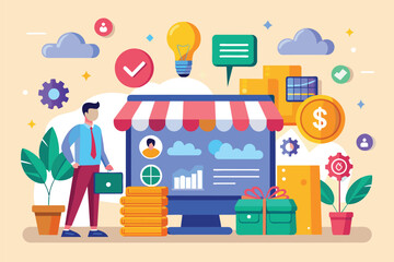 A man stands in front of a computer screen, focusing on the display, in a modern office setting, Online store business strategy, Simple and minimalist flat Vector Illustration