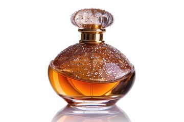 A bottle of perfume displayed on a table. Suitable for beauty and lifestyle concepts