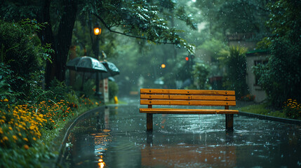 a bench is sitting under some umbrellas on a sidewall - obrazy, fototapety, plakaty