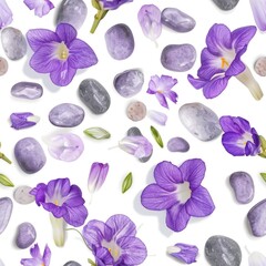 Purple flowers and rocks on a white surface, suitable for nature-themed designs