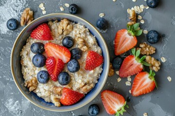 A bowl of oatmeal topped with strawberries and blueberries. Suitable for healthy eating concepts