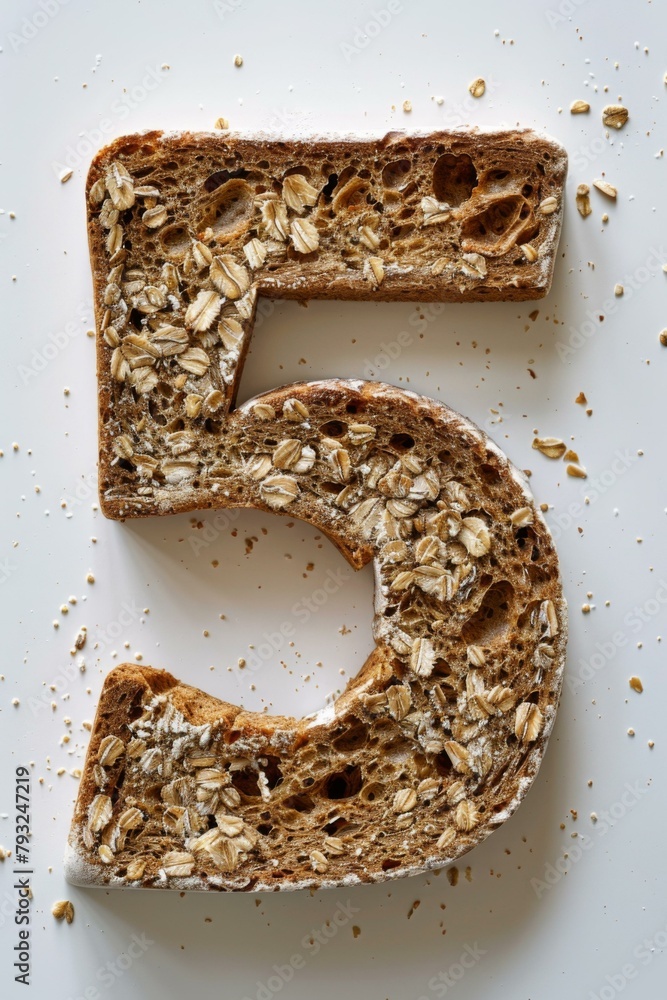 Aufkleber a number five made of bread with oats scattered on top. generative ai.