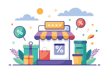 A storefront displaying a prominent percentage sign for a promotion, Online store promotion, discount, Simple and minimalist flat Vector Illustration