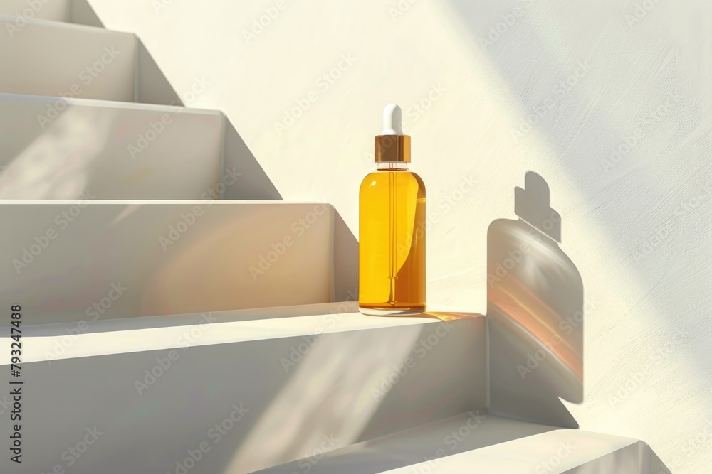 Poster a bottle of liquid placed on a set of stairs. suitable for various commercial and residential concep