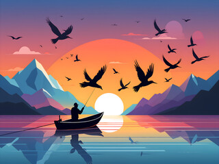 Vector illustration of a sunset over the sea with mountains and a man fishing on a boat