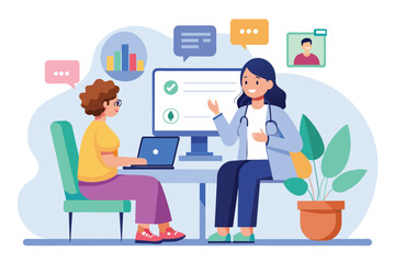 Two women engaged in a conversation in front of a computer, likely discussing treatment options or healthcare matters, online treatment consultation, Simple and minimalist flat Vector Illustration