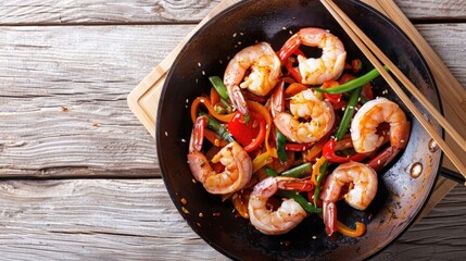 Delicious wok dish with fresh shrimp and colorful vegetables, perfect for Asian cuisine concept