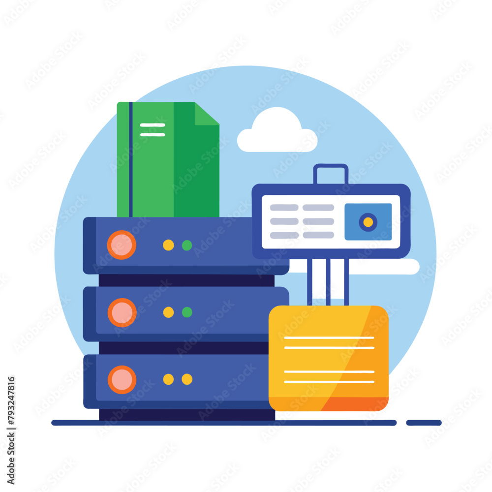 Poster stack of files with computer on top, organizing data storage and file archive on server or computer,
