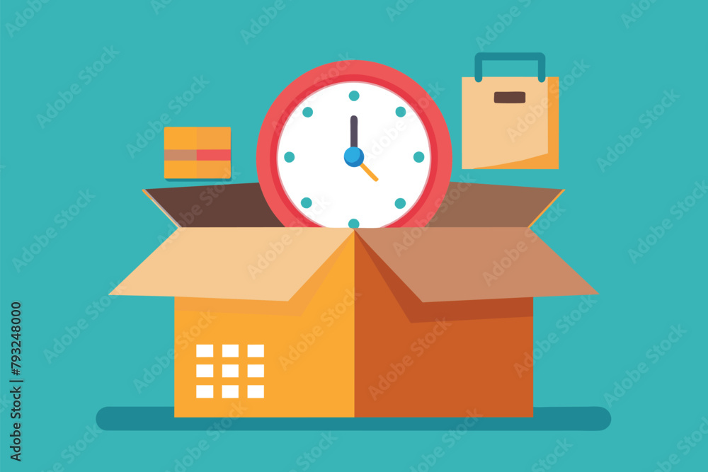 Poster a wall clock lies inside a simple and minimalistic box, packing a box with a wall clock, simple and 