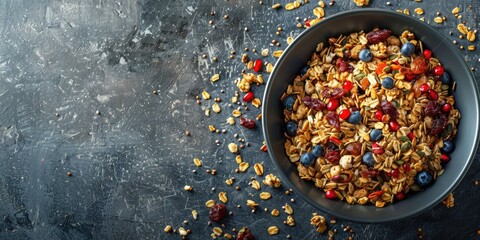 A bowl of granola and fresh berries on a wooden table. Suitable for food and healthy eating concepts