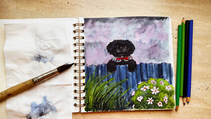 Hand drawn illustration of funny black dog behind fence and blooming bush with pink flowers in anime style. Watercolor and ink sketch. Poodle puppy. Soft focus. film grain pixel texture. Defocused.