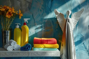 Bathroom shelf with towels and spray bottles, ideal for home decor and cleaning product concepts