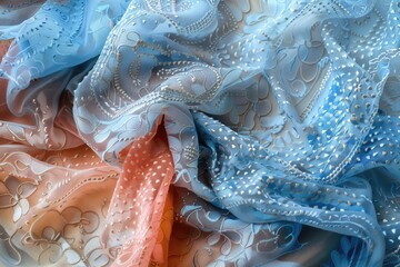 Close up of blue and orange fabric, ideal for textile backgrounds