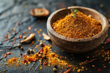 A wooden bowl filled with a mixture of spices. Great for food blogs and recipe websites - obrazy, fototapety, plakaty