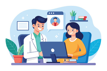 Man and Woman Using Laptop for Online Health Consultation, patient is having an online consultation about health with a doctor, Simple and minimalist flat Vector Illustration