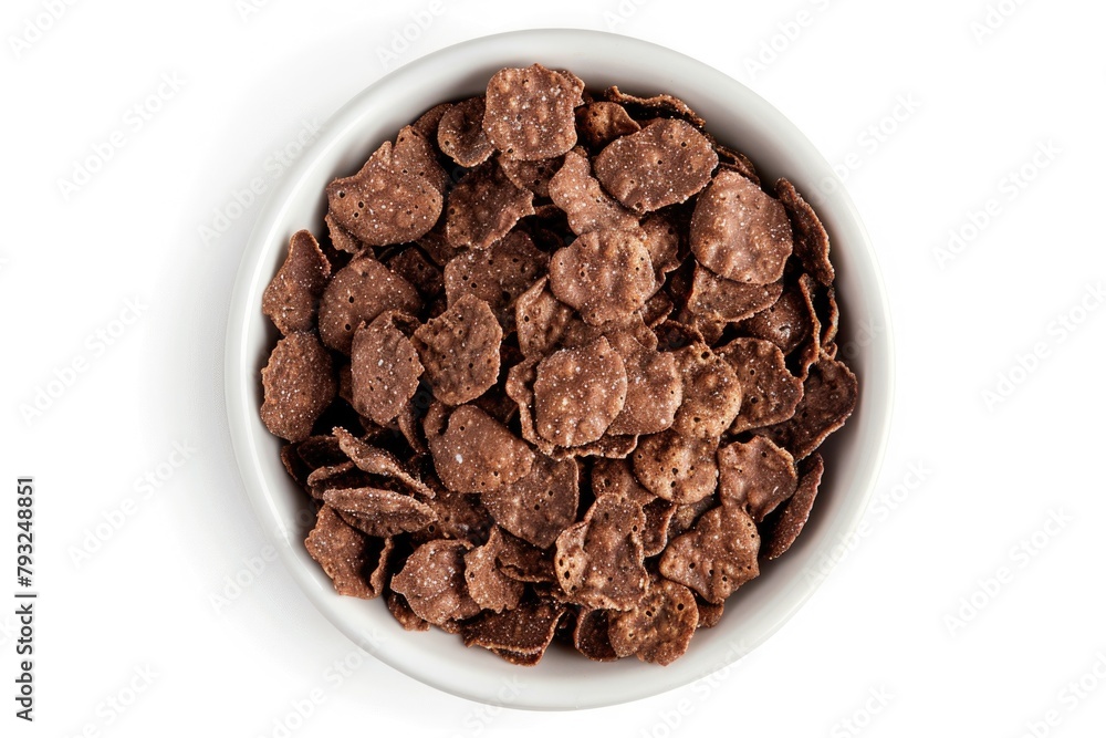 Poster A bowl of cereal flakes on a white surface, perfect for food and nutrition concepts