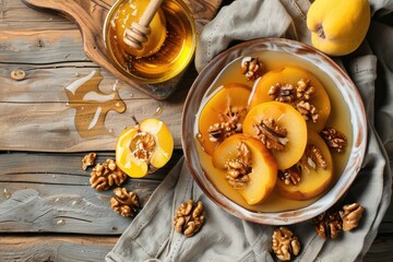 Fresh sliced peaches and walnuts in a bowl, perfect for healthy eating concept