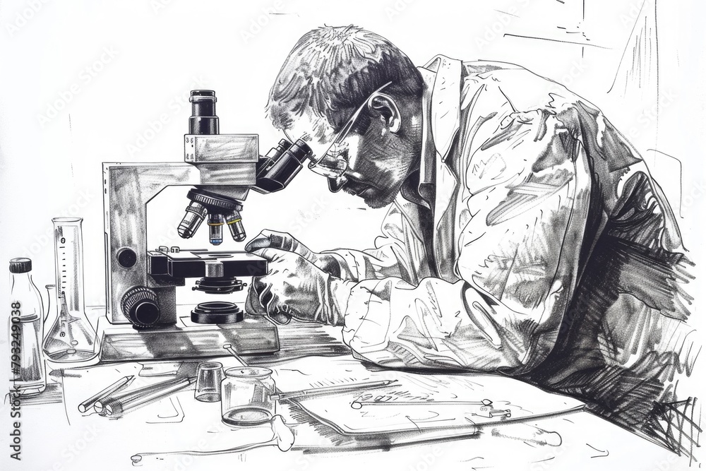 Poster a man examining something through a microscope. ideal for educational and scientific concepts